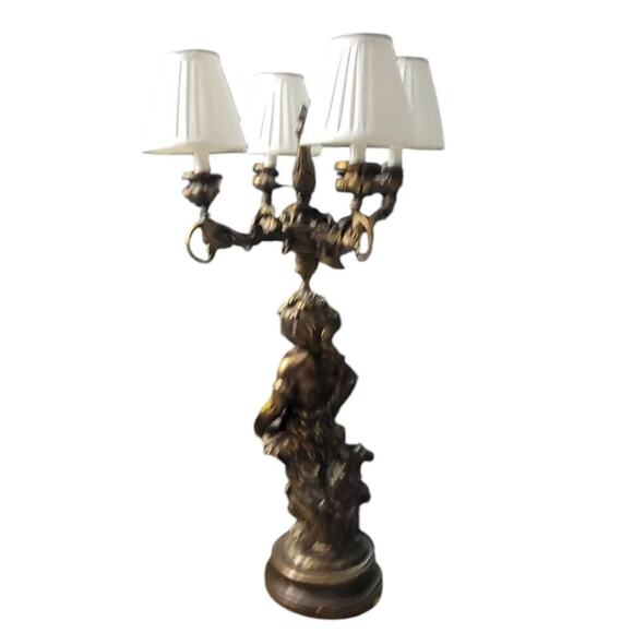 Vintage Metal Cherub Angel Bronze Candelabra Table Lamp White Shades - Picture 9 of 10